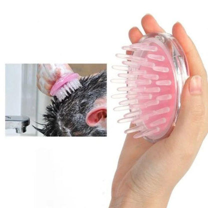 Pink pet grooming brush held by a hand with inset showing use on a dog's fur.