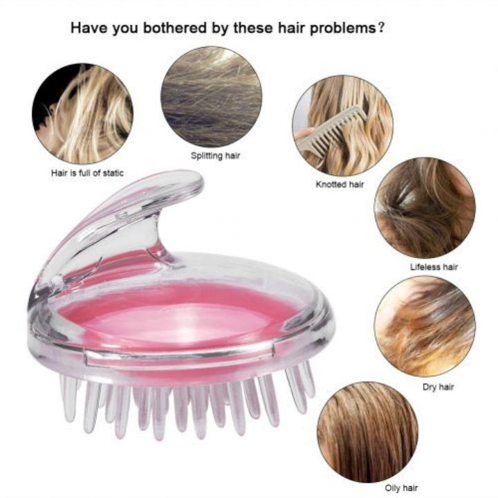 A pink and clear hair massager brush with silicone bristles, shown on a white background with circular inset images demonstrating hair problems such as static, splitting hair, knots, dryness, and oiliness.