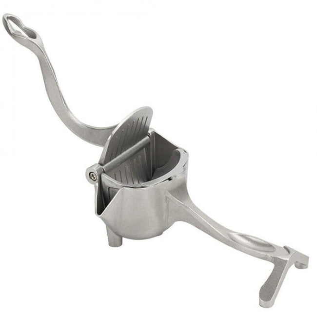 Heavy-duty stainless steel manual hand squeeze juicer press, shown extracting fresh orange juice into a glass, highlighting the stable base and lever mechanism.