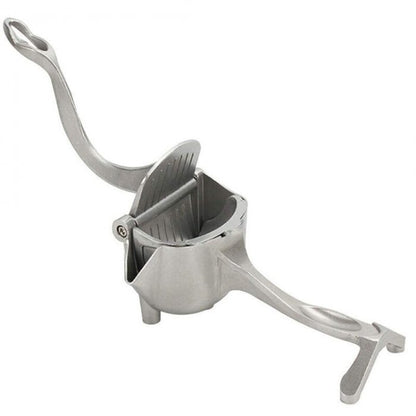 Heavy-duty stainless steel manual hand squeeze juicer press, shown extracting fresh orange juice into a glass, highlighting the stable base and lever mechanism.