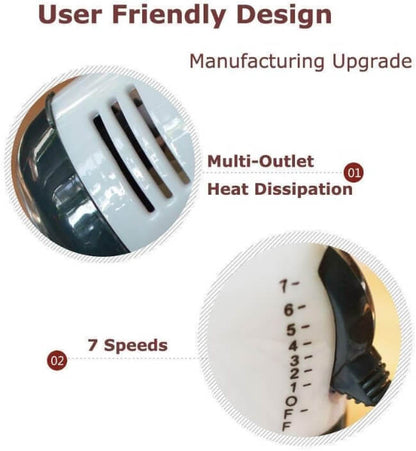 Product with multi-outlet heat dissipation and 7 speeds feature on a white background