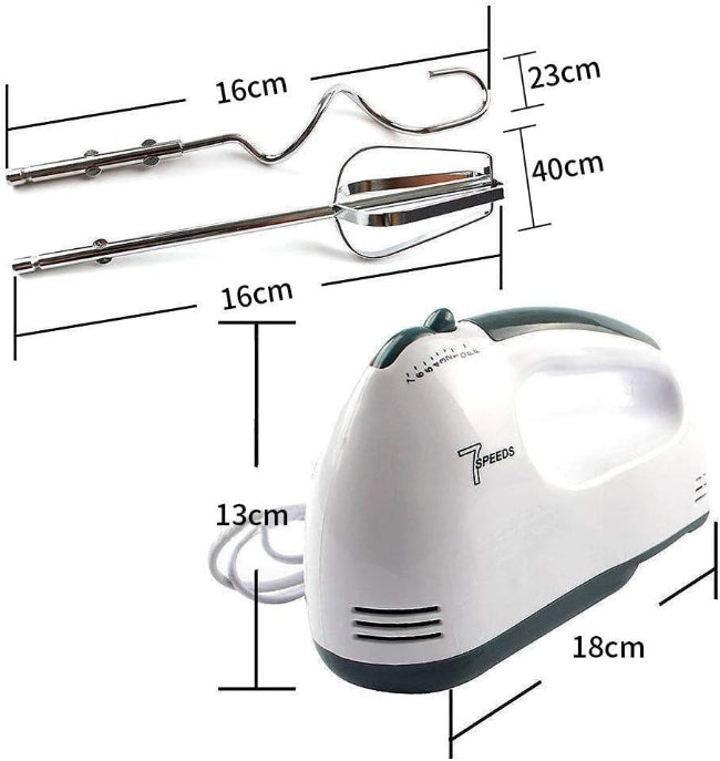 Lightweight 7-speed electric handheld egg beater and cake mixer with beaters attached, kitchen baking tool