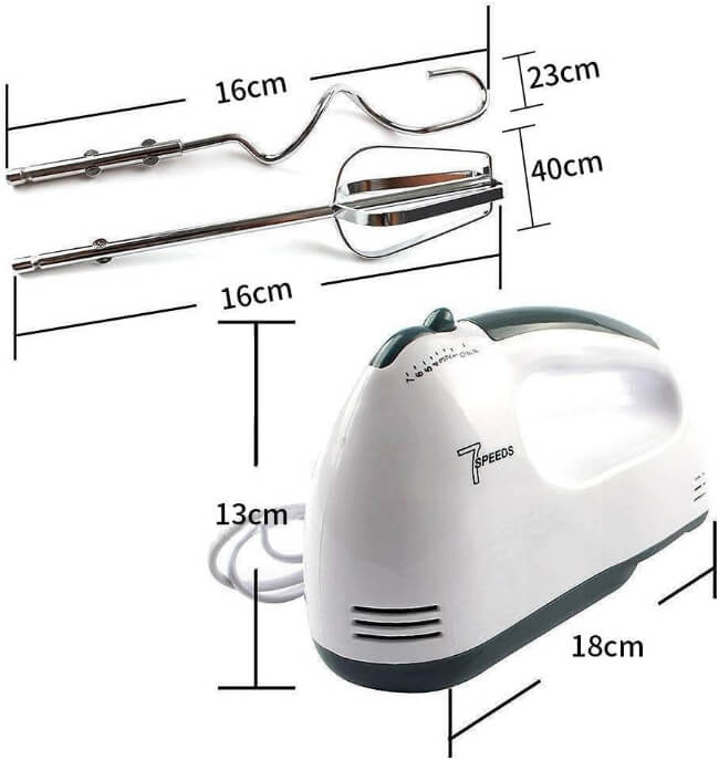 Handheld electric mixer with beaters and measurements on a white background