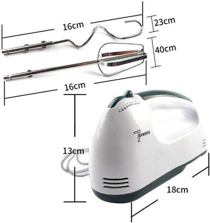 Handheld electric mixer with beaters and measurements on a white background