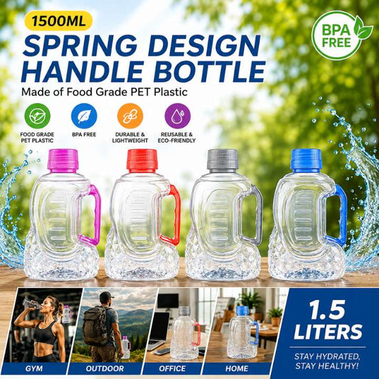 Unbreakable Refrigerator Fridge SPRING Handle Water Bottle 1500ml – Food Grade PET Plastic, Spring Design Handle, Leak‑Proof & Durable