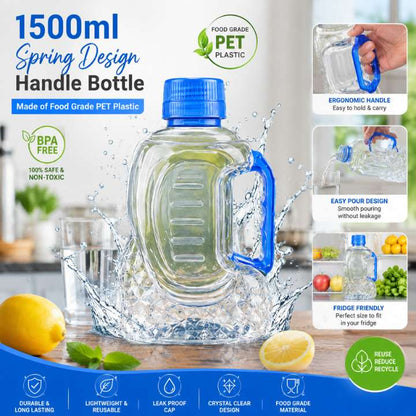 Unbreakable Refrigerator Fridge SPRING Handle Water Bottle 1500ml – Food Grade PET Plastic, Spring Design Handle, Leak‑Proof & Durable