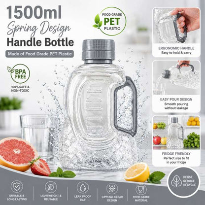 Unbreakable Refrigerator Fridge SPRING Handle Water Bottle 1500ml – Food Grade PET Plastic, Spring Design Handle, Leak‑Proof & Durable