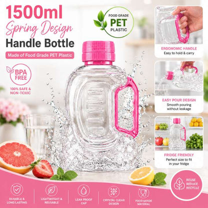 Unbreakable Refrigerator Fridge SPRING Handle Water Bottle 1500ml – Food Grade PET Plastic, Spring Design Handle, Leak‑Proof & Durable