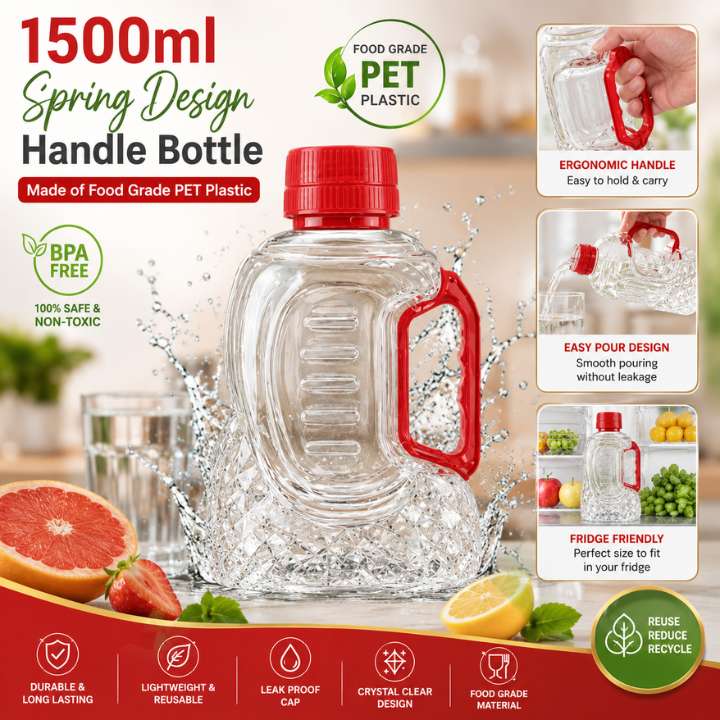Unbreakable Refrigerator Fridge SPRING Handle Water Bottle 1500ml – Food Grade PET Plastic, Spring Design Handle, Leak‑Proof & Durable