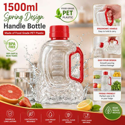 Unbreakable Refrigerator Fridge SPRING Handle Water Bottle 1500ml – Food Grade PET Plastic, Spring Design Handle, Leak‑Proof & Durable