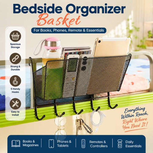 Hanging Basket Storage Rack Bedroom Bed Shelf | Bedside Organizer Basket for Books, Phones, Remote & Essentials