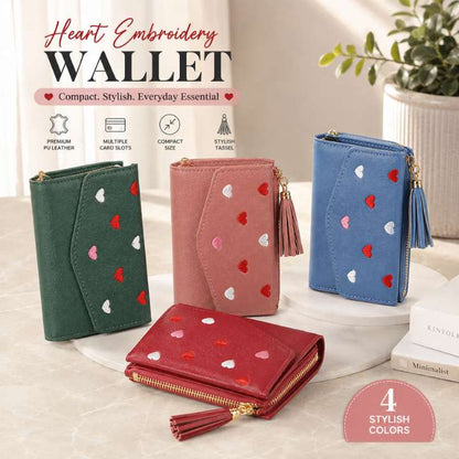 Heart Embroidery Compact Wallet – Stylish PU Leather Tassel Design, Multiple Card Slots, 4 Colors