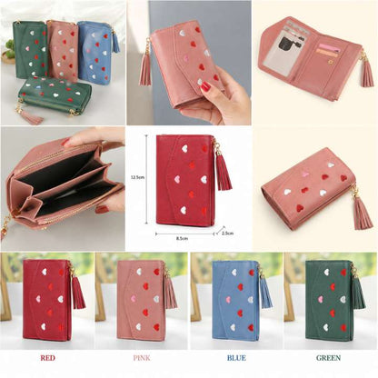 Heart Embroidery Compact Wallet – Stylish PU Leather Tassel Design, Multiple Card Slots, 4 Colors