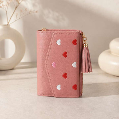 Heart Embroidery Compact Wallet – Stylish PU Leather Tassel Design, Multiple Card Slots, 4 Colors