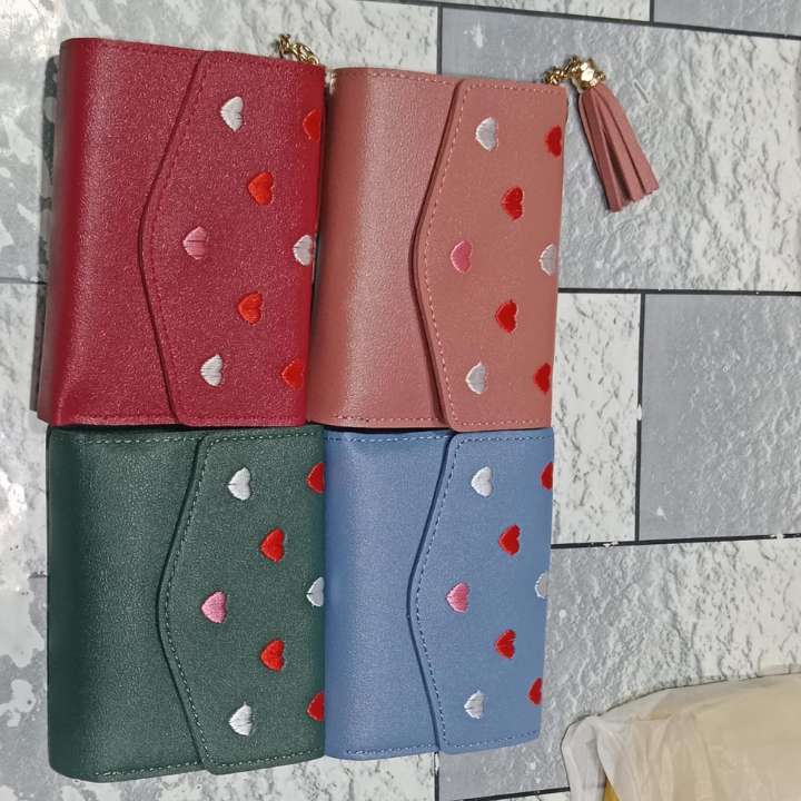Heart Embroidery Compact Wallet – Stylish PU Leather Tassel Design, Multiple Card Slots, 4 Colors