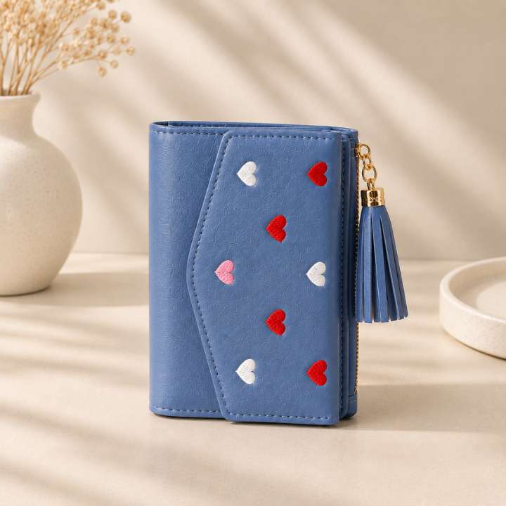 Heart Embroidery Compact Wallet – Stylish PU Leather Tassel Design, Multiple Card Slots, 4 Colors
