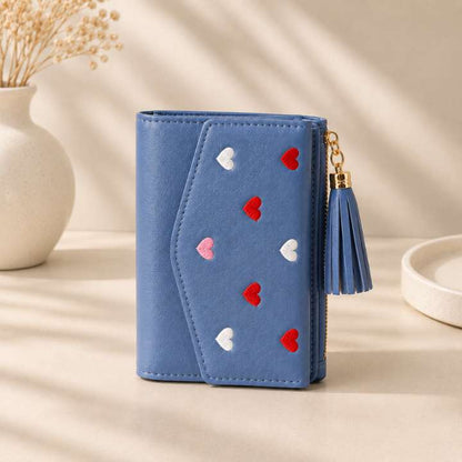 Heart Embroidery Compact Wallet – Stylish PU Leather Tassel Design, Multiple Card Slots, 4 Colors