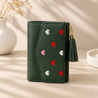 Heart Embroidery Compact Wallet – Stylish PU Leather Tassel Design, Multiple Card Slots, 4 Colors