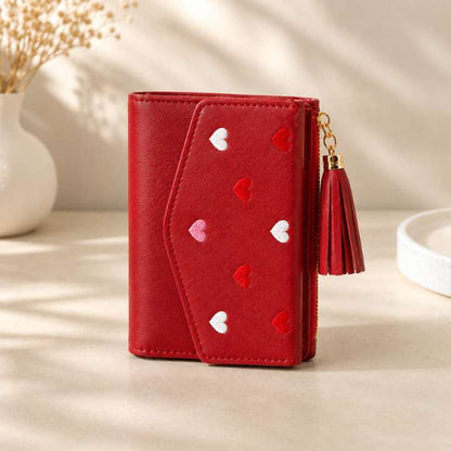 Heart Embroidery Compact Wallet – Stylish PU Leather Tassel Design, Multiple Card Slots, 4 Colors