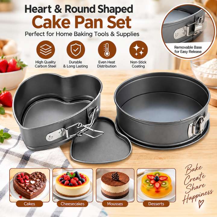 Heart & Round Shaped Cake Pan – Removable Base Carbon Steel Baking Tray for Home Baking Tools & Supplies