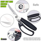 Heavy-duty kitchen scissors with black handles and detailed views of the blades and construction.