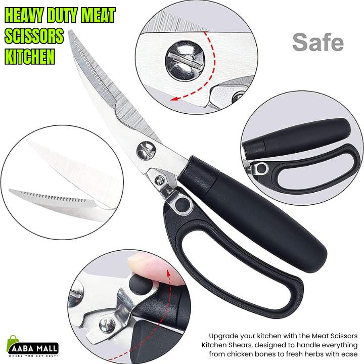 Heavy-duty kitchen scissors with black handles and detailed views of the blades and construction.
