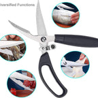 Shears with black handles shown in detail, surrounded by close-up images of its use.
