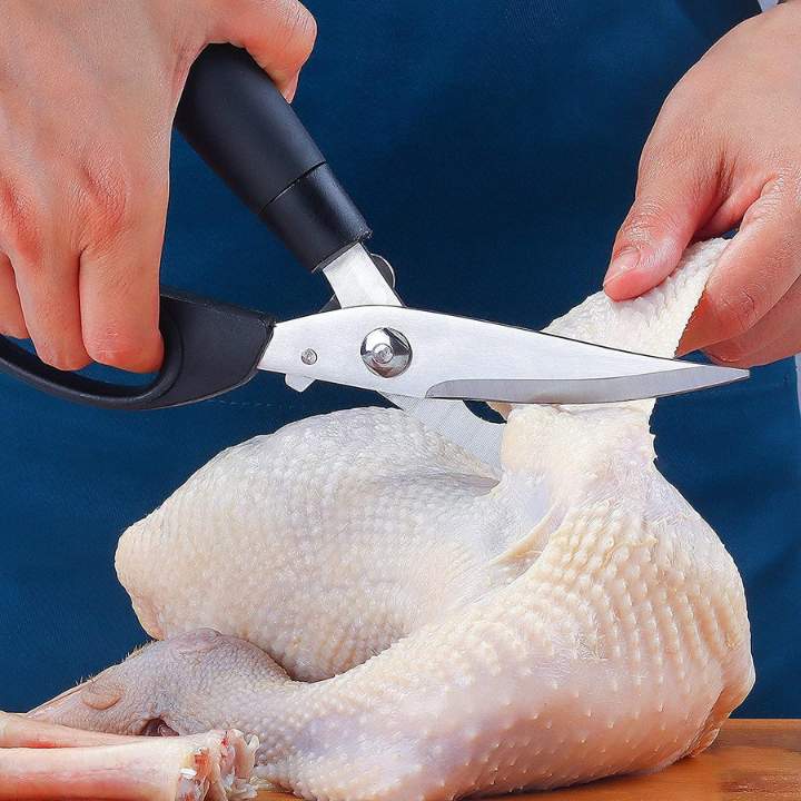 Person using kitchen shears to cut a chicken on a blue background