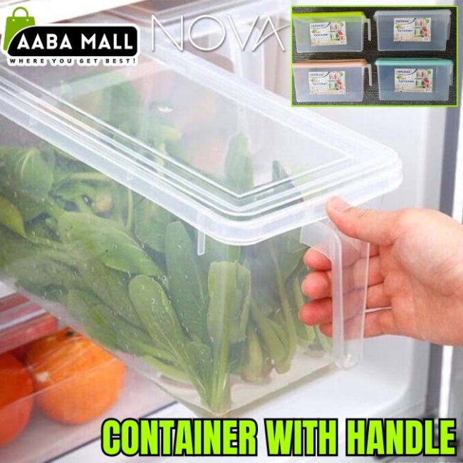 Clear stackable food storage container with handle and lid, plastic organizer bin for fridge, freezer, and cabinet organization