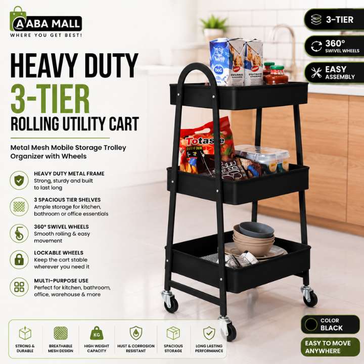 Heavy Duty 3-Tier Rolling Utility Cart - Metal Mesh Mobile Storage Trolley Organizer with Wheels for Kitchen, Bathroom & Office