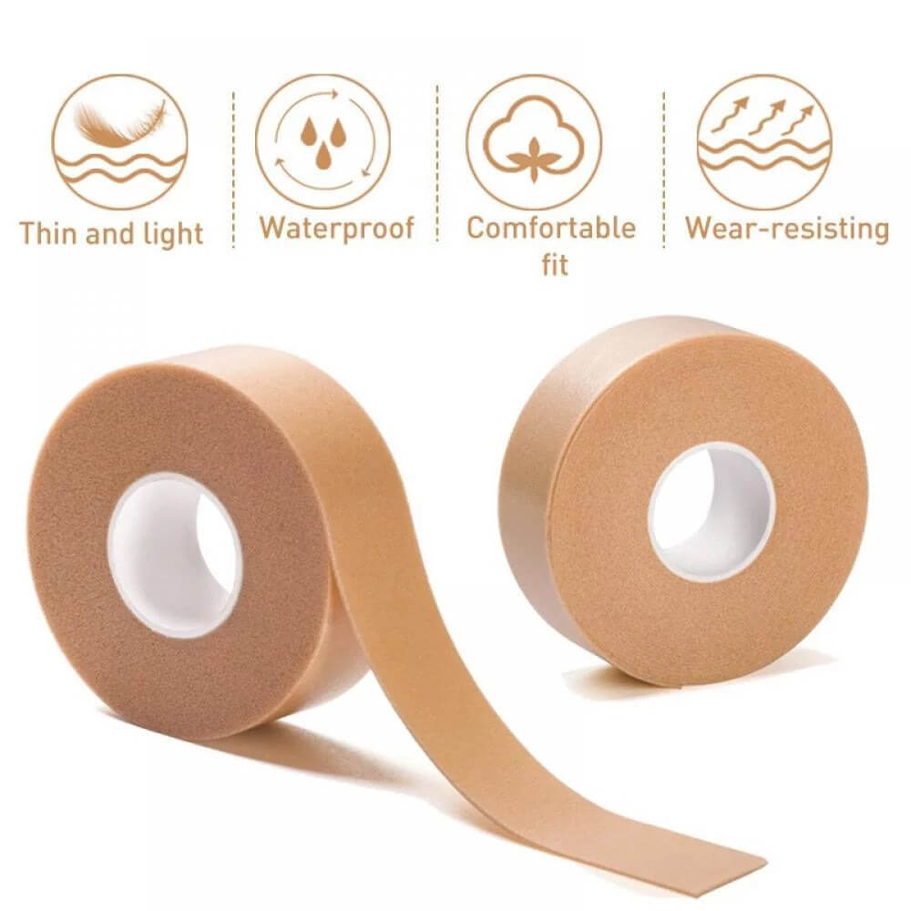 Two rolls of beige tape with icons and text indicating features on a white background