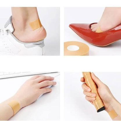 Collage of bandages on feet, red shoes, and a hand holding a tube with a bandage.
