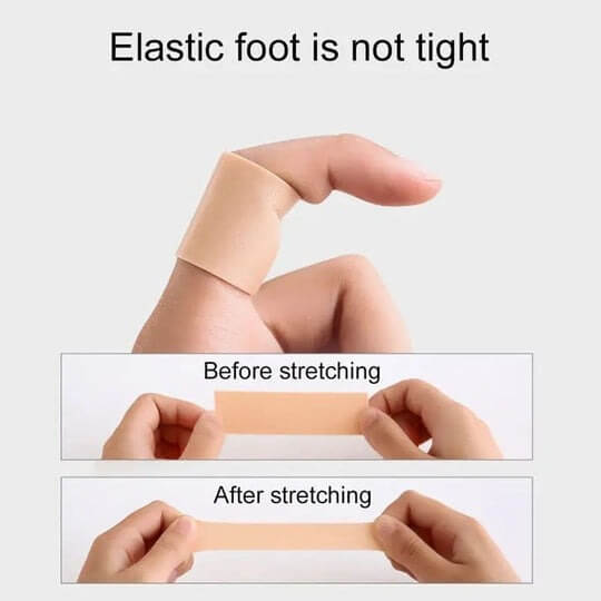Elastic bandage being stretched on a foot with before and after labels.