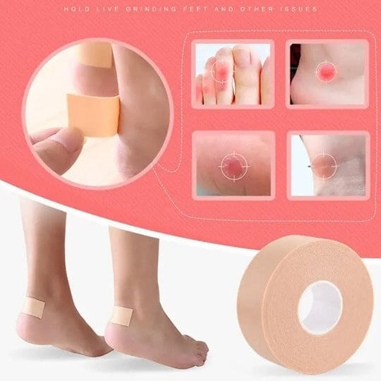 Bandage roll with foot application examples on a pink background