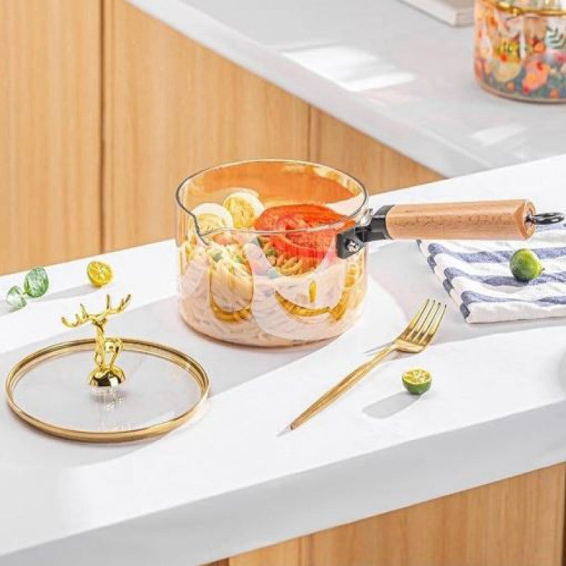 High Borosilicate Heat-Resistant Glass Pot – Amber Saucepan with Wooden Handle & Gold Decorative Lid | Safe for All Heat Sources