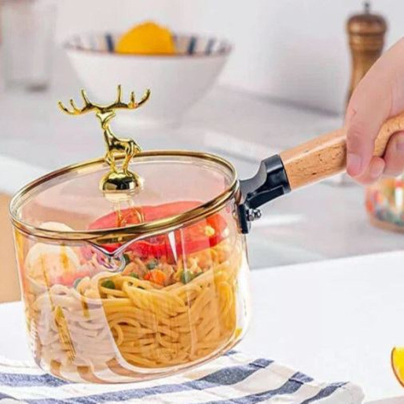 High Borosilicate Heat-Resistant Glass Pot – Amber Saucepan with Wooden Handle & Gold Decorative Lid | Safe for All Heat Sources