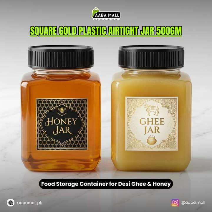 Square Gold Plastic Airtight Jar (500GM) - Best for Desi Ghee & Honey Packagaing