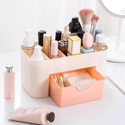 Makeup organizer with various cosmetic items on a white surface