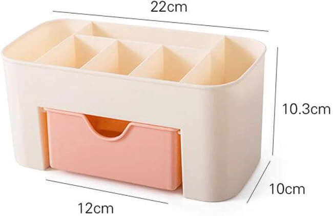 Rectangular organizer with compartments and a drawer, shown with dimensions on a white background.