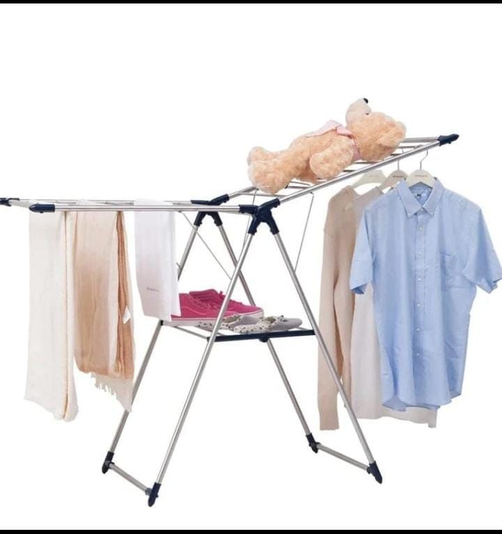 Stainless Steel Clothes Drying Rack | Foldable Laundry Rack with Hanging Rods, Sock Clips & Shoe Hangers ? Adjustable Gullwing Design