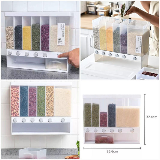Wall Mounted 6 Grid Rice CEREAL GRAIN Bucket Food Dispenser