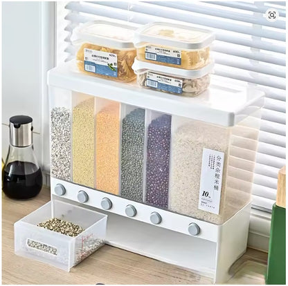 10 Kg  6 Partition Cereal Dispenser, 6 Grids Plastic RICE CONTAINER Storage Box