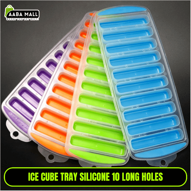 Colorful ice cube tray with 10 long holes on a dark background, featuring AABA MALL branding.
