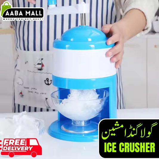 Manual blue hand-crank Gola Ganda machine shaving ice into a bowl, shown with colorful syrup bottles to make a homemade snow cone.