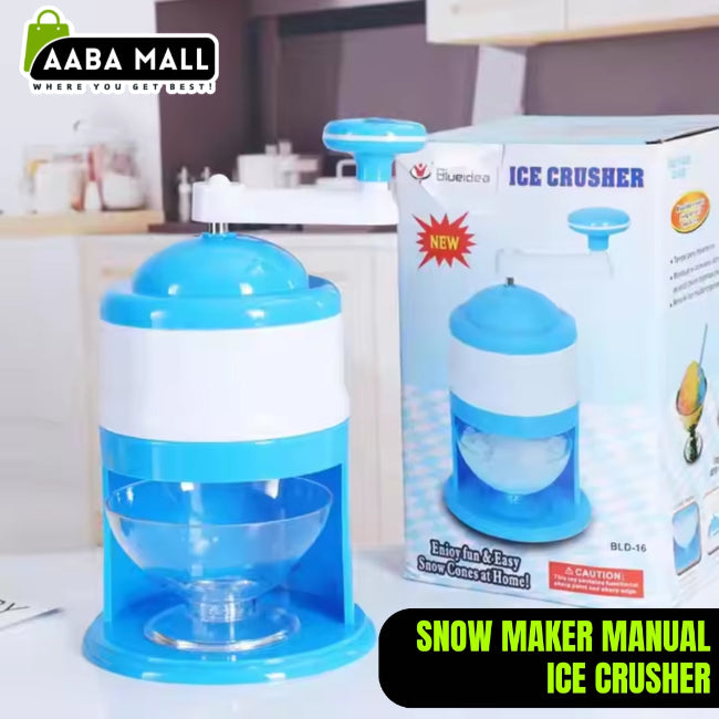 Manual blue hand-crank Gola Ganda machine shaving ice into a bowl, shown with colorful syrup bottles to make a homemade snow cone.