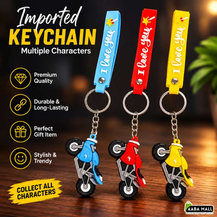 Three colorful mini keychains with retro scooter charms and vertical straps are displayed on a wooden surface. The straps are light blue, red, and yellow, each printed with the phrase 'I love you' and a star.