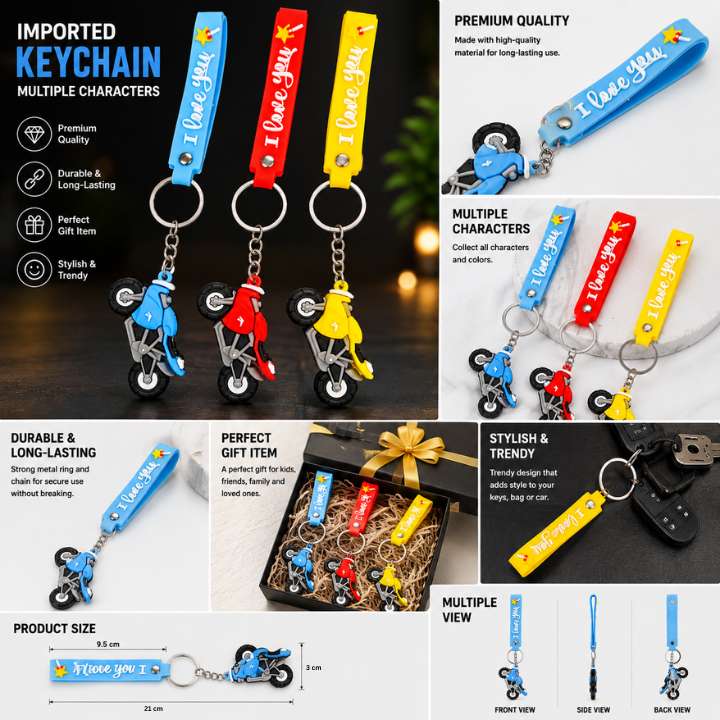 A collage showing several motorcycle-shaped keychains with colorful straps and wheels, plus feature callouts and size views. The keychains come in blue, red, yellow, and white colorways, and the image includes text such as 'Imported Keychain,' 'Multiple Characters,' and 'Premium Quality.