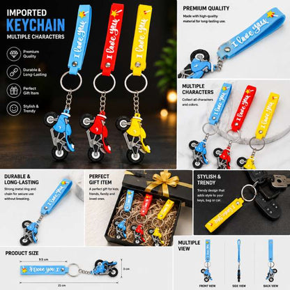 A collage showing several motorcycle-shaped keychains with colorful straps and wheels, plus feature callouts and size views. The keychains come in blue, red, yellow, and white colorways, and the image includes text such as 'Imported Keychain,' 'Multiple Characters,' and 'Premium Quality.
