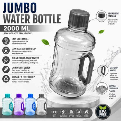Jumbo Water Bottle - 2 Liter Leakproof Refrigerator Water Bottle | Bubble Textured BPA-Free PET Plastic Fridge Bottle Set 2000ML