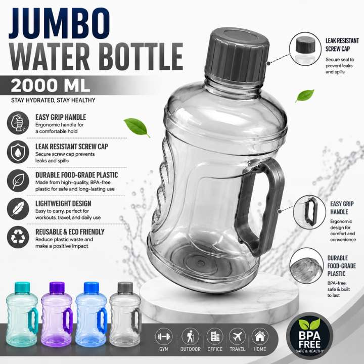 Jumbo Water Bottle - 2 Liter Leakproof Refrigerator Water Bottle | Bubble Textured BPA-Free PET Plastic Fridge Bottle Set 2000ML